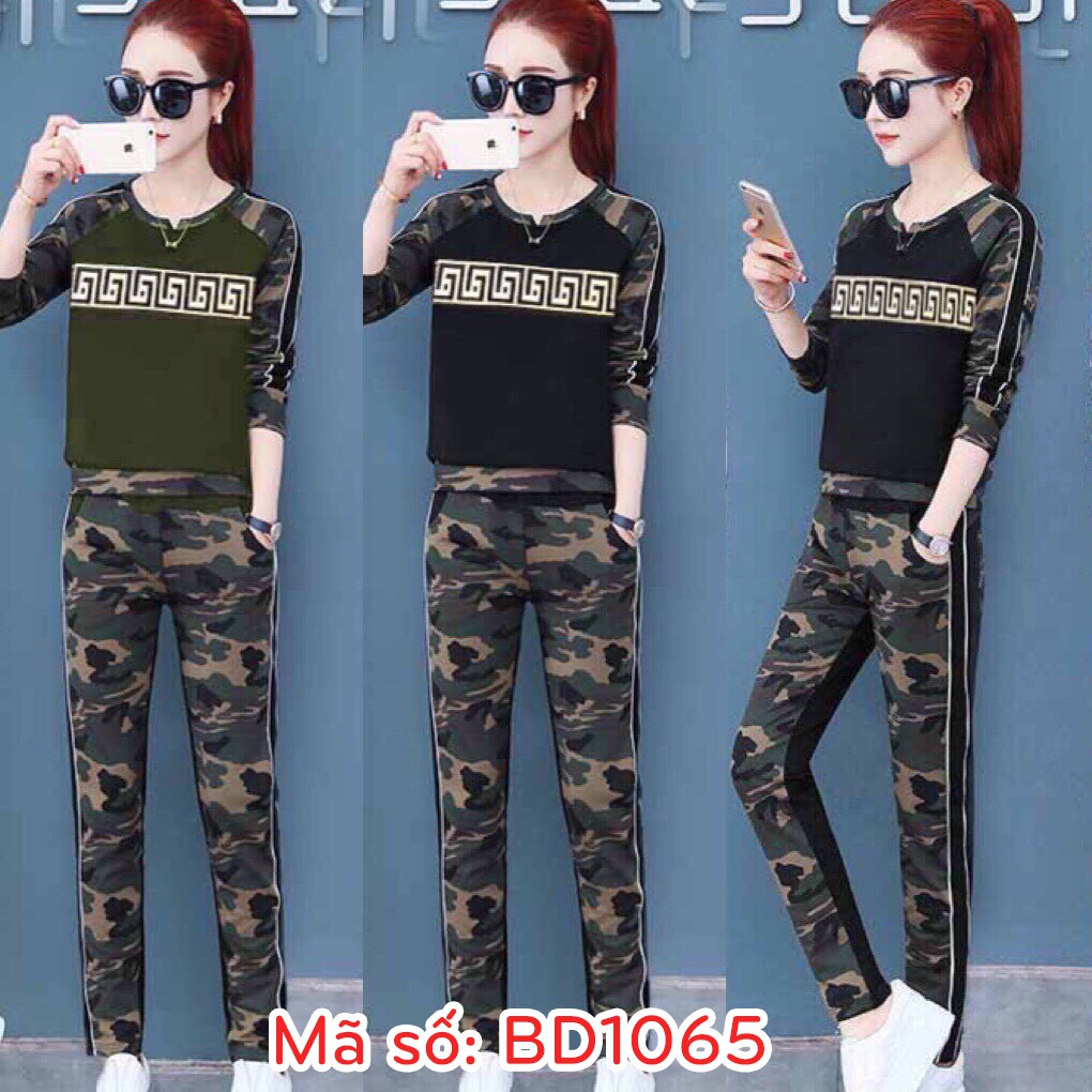 BD1065 Set nguyên bộ đồ thể thao dài thu đông họa tiết lính rằn ri cổ xẻ V quần chạy sọc sang trọng - hàng việt nam