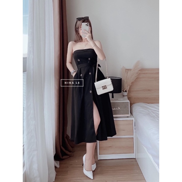 Đầm maxi phối nút cột eo