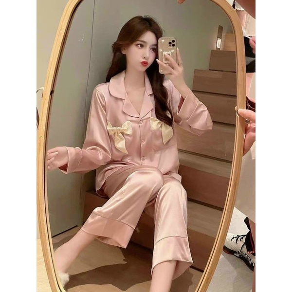 Pijama lụa latin thiết kế nơ dễ thương chất lụa mềm mịn thoáng mát