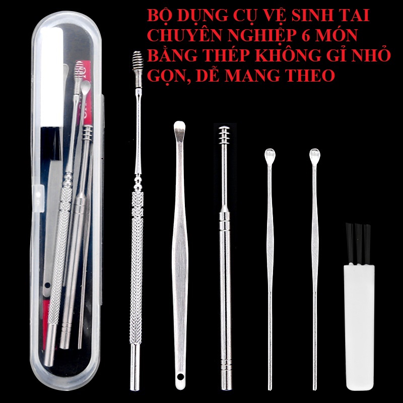 Bộ Dụng Cụ Lấy Ráy Tai Chuyên Nghiệp Gồm 6 Món Nhỏ Gọn Dễ Mang Theo Chất Liệu Thép Không Gỉ