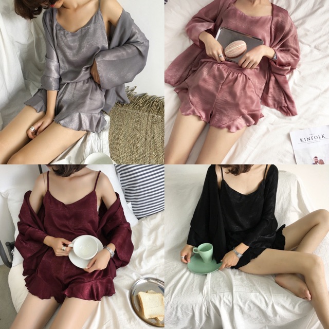 Set bộ ngủ lụa 3 món (sẵn màu ghi)
