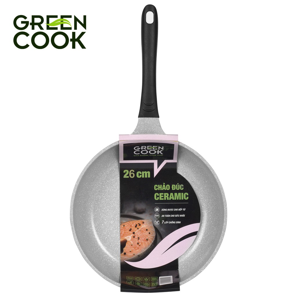 Chảo đúc chống dính men đá ceramic đáy từ 26 cm Green Cook GCP03-26IHP màu hồng công nghệ 7 lớp chống dính Hàn Quốc