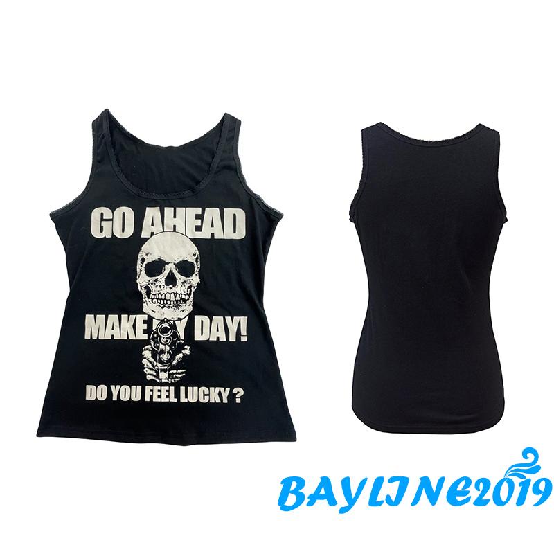 Áo Tank Top Ôm Dáng Cổ Chữ U In Họa Tiết Đầu Lâu Và Chữ Màu Đen Cho Nữ Cỡ S / M / L / XL