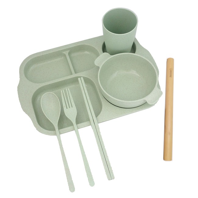 Set khay đựng đồ ăn lúa mạch kèm cốc bát đũa thìa dĩa