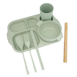 Set khay đựng đồ ăn lúa mạch kèm cốc bát đũa thìa dĩa