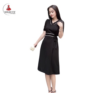 Đầm Đi Chơi NHẬT VY Phối Viền Ren Tay Voan Có Dây Eo Dáng Chữ A Chất Cotton Lụa Màu Đen - D2301