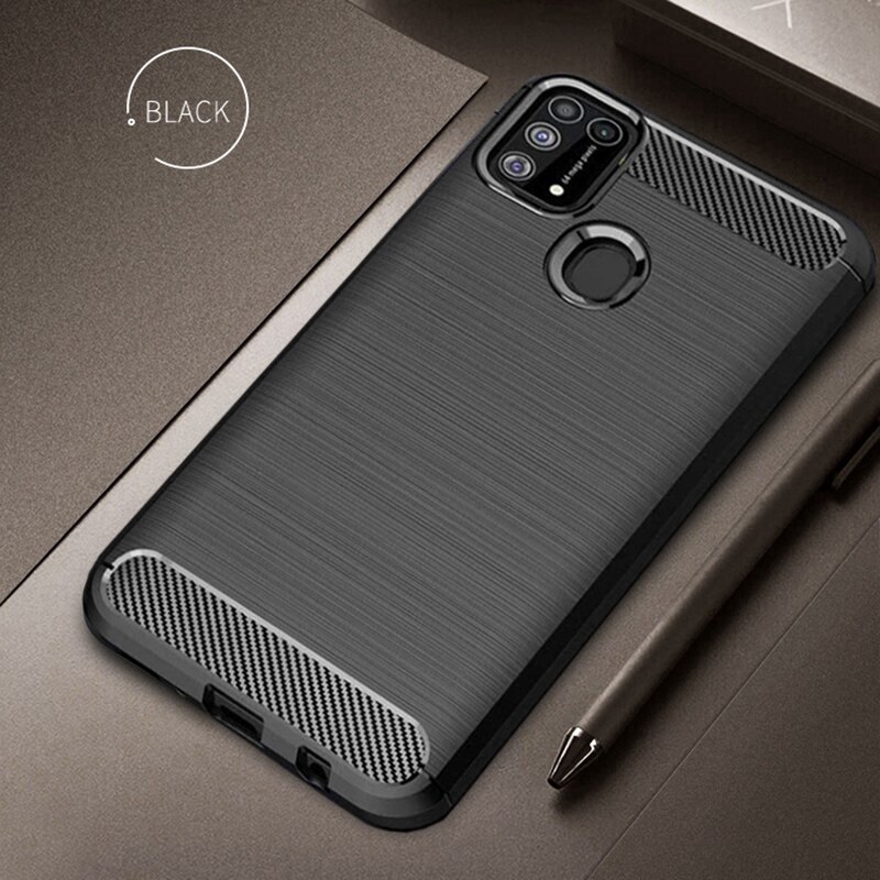 Ốp điện thoại silicone dẻo sợi cacbon bảo vệ toàn diện cho Samsung Galaxy M21