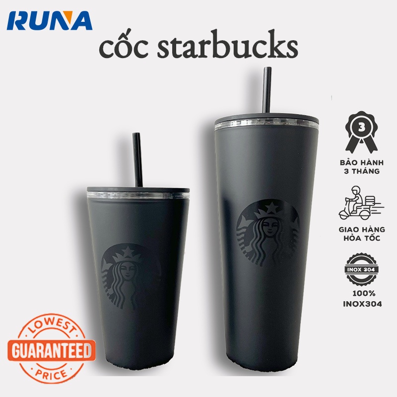 Cốc Uống Cà Phê Starbucks Hai Lớp Màu Đen Có Ống Hút Dung Tích 24oz/16oz