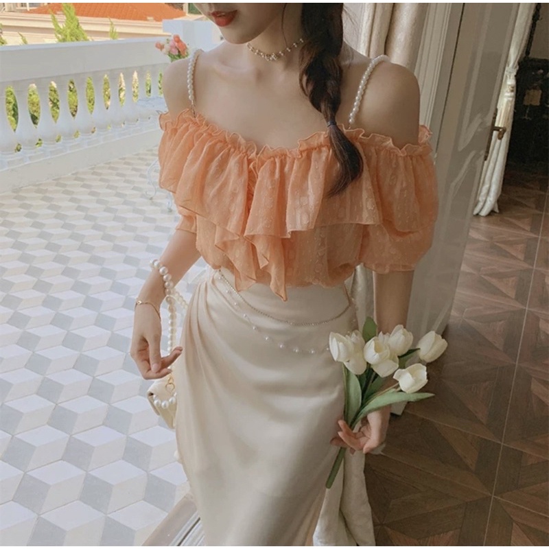 SET ÁO VOAN CAM BÈO DÂY HẠT + CHÂN VÁY XẾP XÉO LỆCH