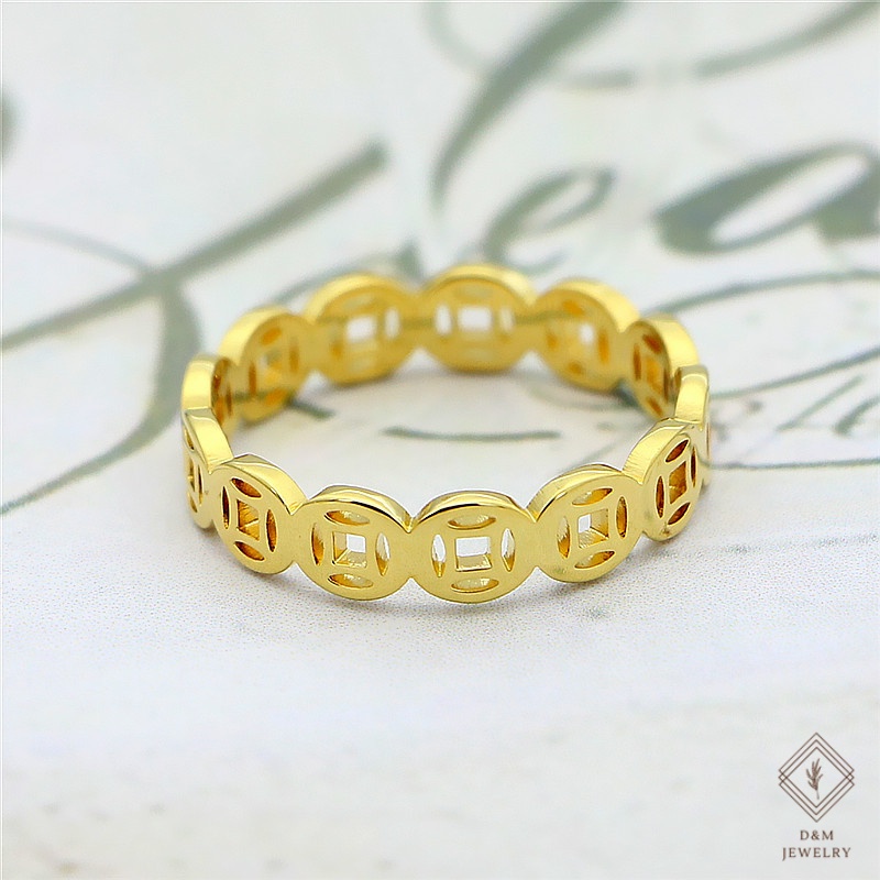 Nhẫn Thép Không Gỉ Mạ Vàng 18K Hình Đồng Xu May Mắn Phong Cách Retro