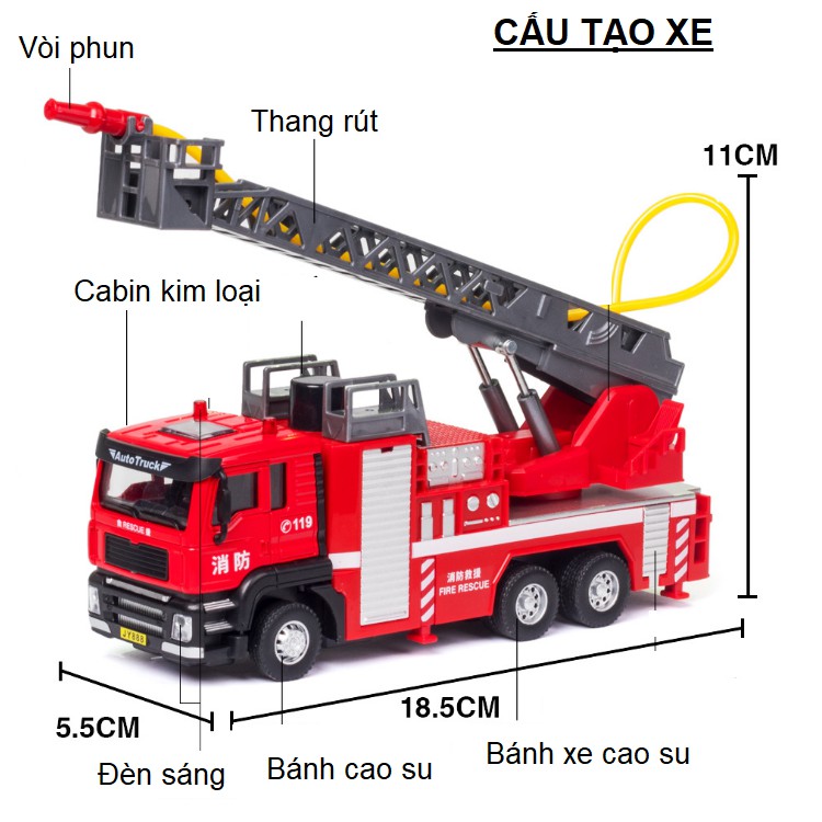 Mô hình xe cứu hỏa thang rút bằng hợp kim và nhựa có âm thanh và đèn phun được nước mô hình tỉ lệ 1:50