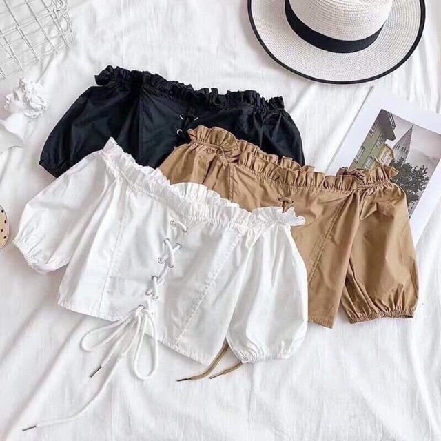 Áo croptop bệt vai đan dây (ảnh thật)