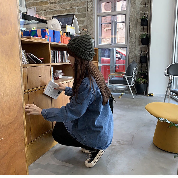 COZOK Áo sơ mi denim tay dài form rộng theo phong cách Vintage