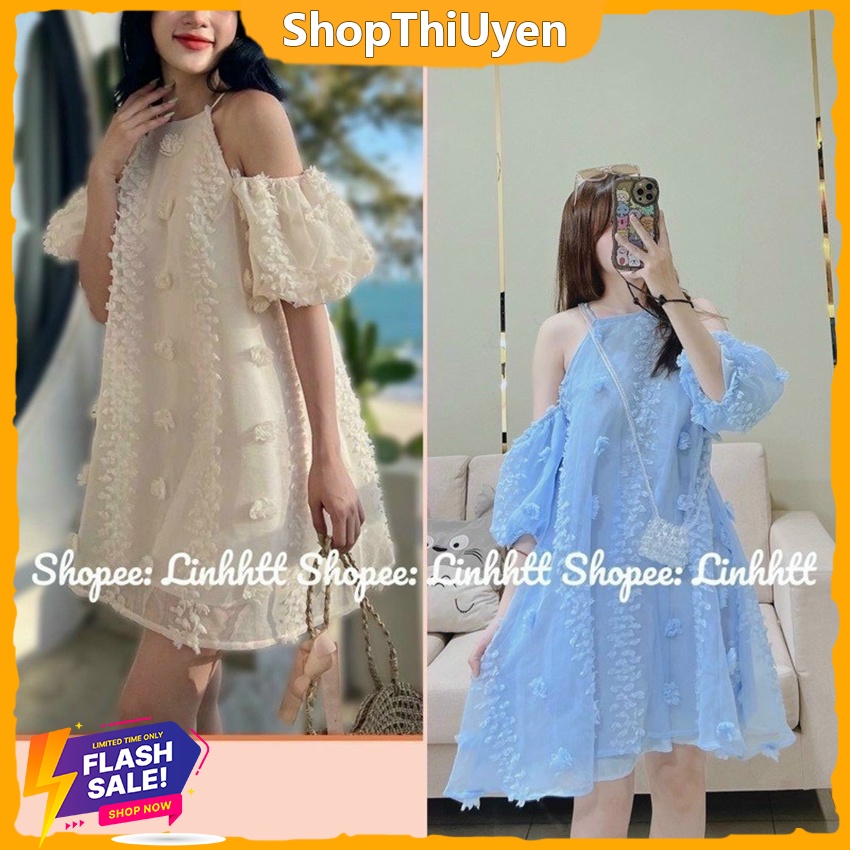 Đầm yếm chất vải xô 2 lớp đính bông hoa tay ngắn bồng