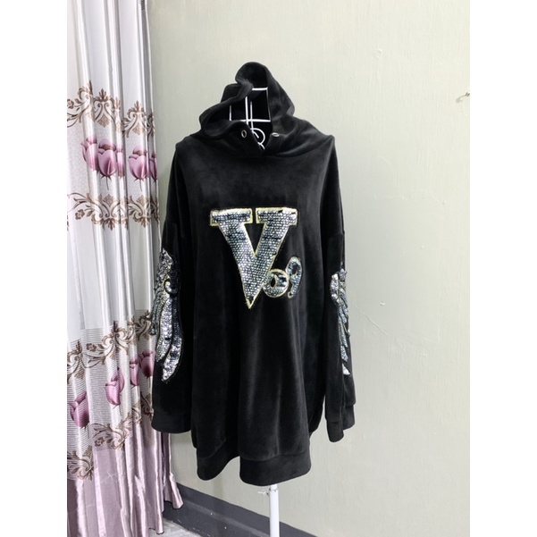 Áo váy hoodie nhung phối kim sa, màu đen dày ấm