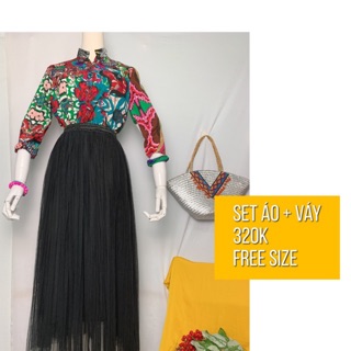 Set áo hoạ tiết Boho váy dài tutu lưới xoè vintage cao cấp