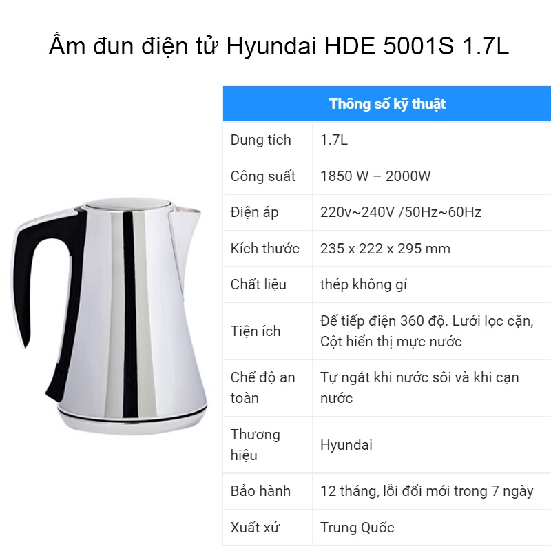 Ấm siêu tốc, Ấm Đun Điện Tử Chính Hãng HYUNDAI 1,7L HDE 5001S - Đun nóng nhanh, chịu nhiệt, độ bền cao