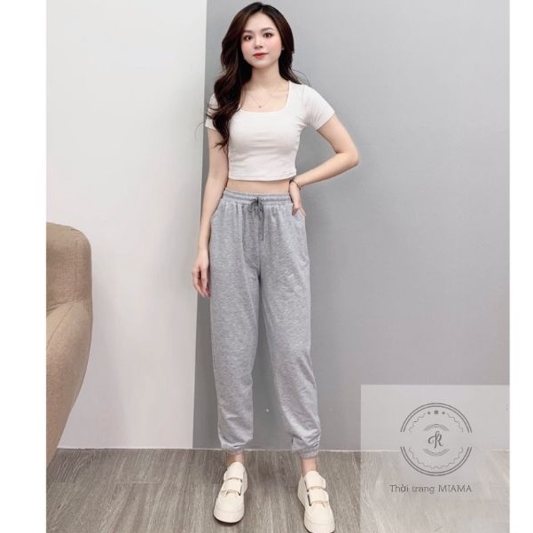 Quần nỉ nữ ống rộng jogger dây rút bo gấu dáng suông dài vải da cá màu xám đen - Quần thể thao nữ ống rộng mặc tập gym