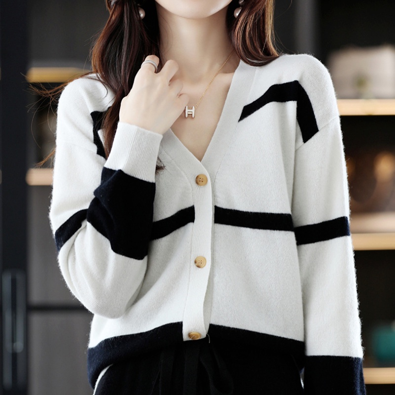 Áo khoác cardigan ZHELIHANGFEI dệt kim tay dài cổ V họa tiết sọc ngang thời trang thanh lịch cho nữ