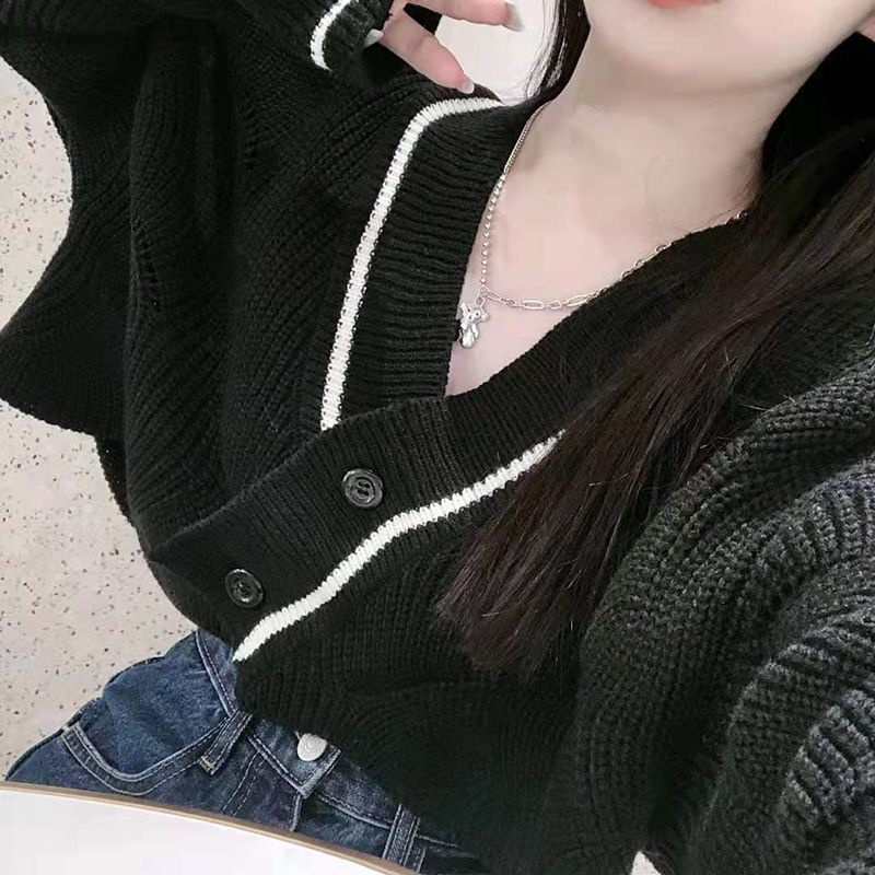 Áo cardigan RENJIANVSHENG tay dài cổ chữ V dệt kim dáng ngắn phong cách Hàn Quốc retro thời trang dành cho nữ
