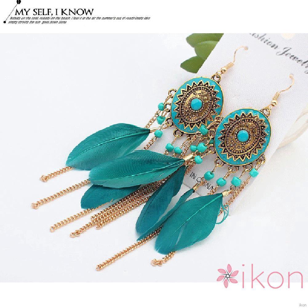 Women Vintage Ethnic Style Fringed Feather Tassel Earrings Bohemian Jewelry