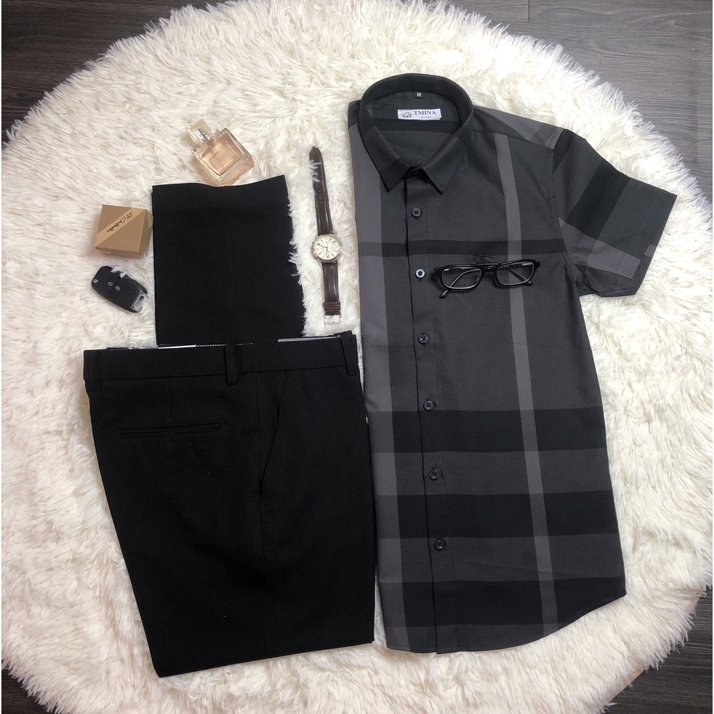 Áo sơ mi nam cộc tay họa tiết kẻ to BBR chất cotton xịn màu đen