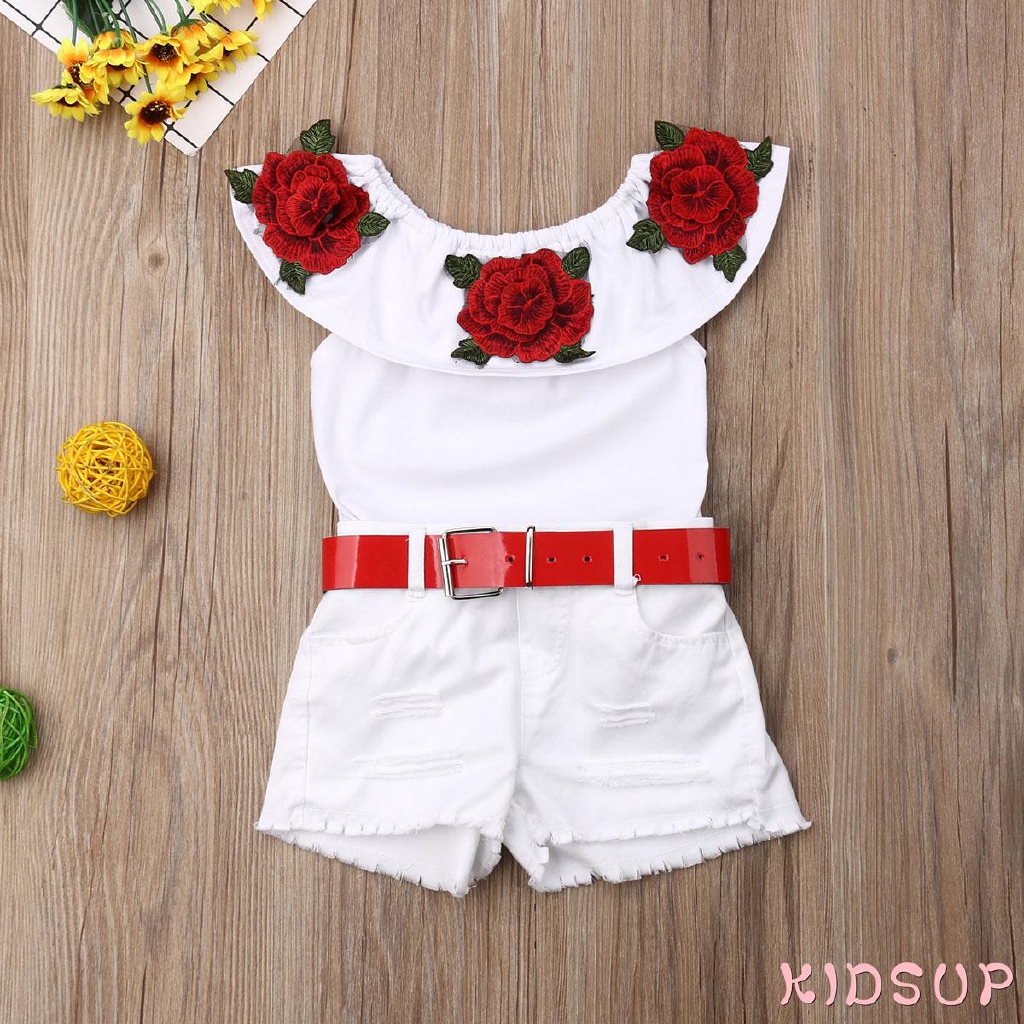 Set áo hoa trễ vai nhún bèo + quần short denim phối rách hợp thời trang mùa hè cho bé gái