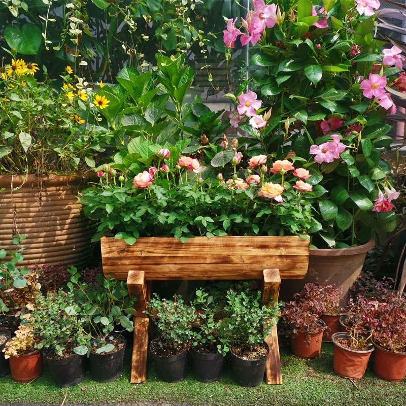 Chậu gỗ trồng hoa trồng cây cảnh chống mối mọt trang trí sân vườn ban công ngoài trời chậu gỗ có kệ và bánh xe loại 1