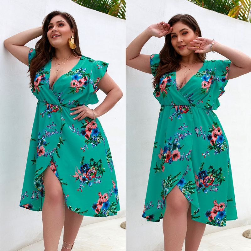 Đầm Hoa Cổ V Sâu Thời Trang Mùa Hè Dành Cho Nữ Plus Size