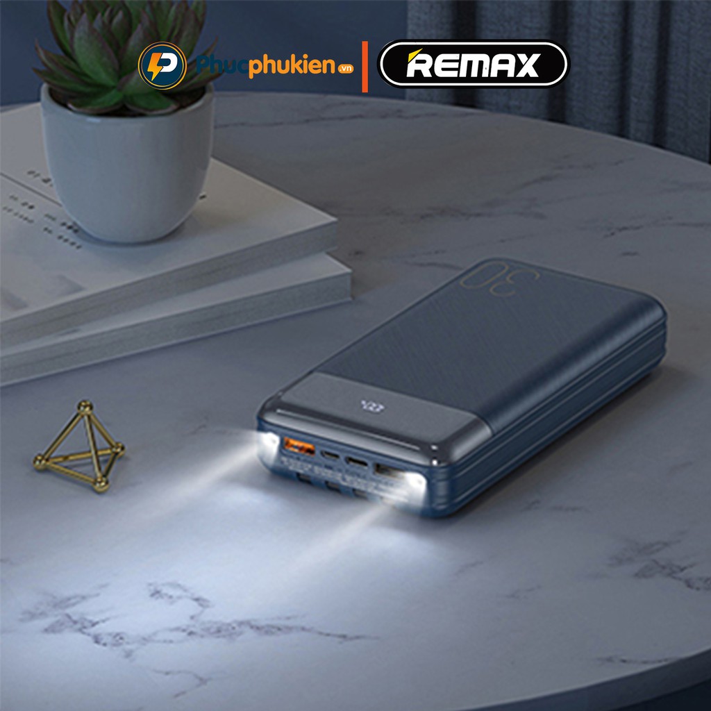 Sạc dự phòng 30000mah chính hãng Remax RPP 199 tích hợp dây sạc nhanh hỗ trợ sạc nhanh PD 20w và QC 3.0 - Phúc Phụ Kiện