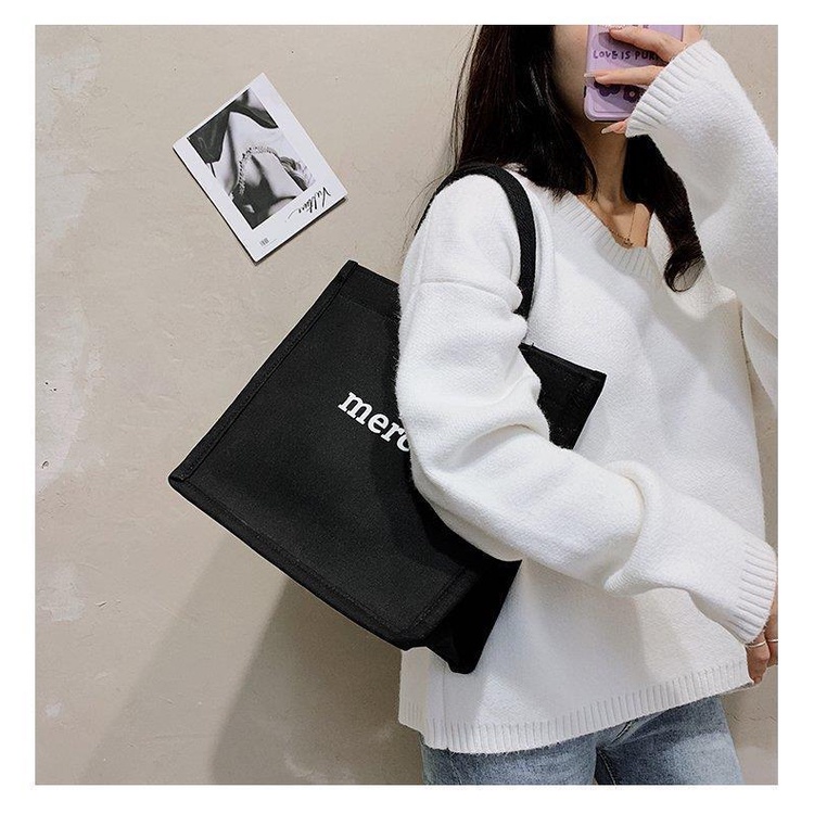 Túi tote vải canvas nữ đeo vai in chữ MERCI phong cách thời trang trẻ trung | BigBuy360 - bigbuy360.vn