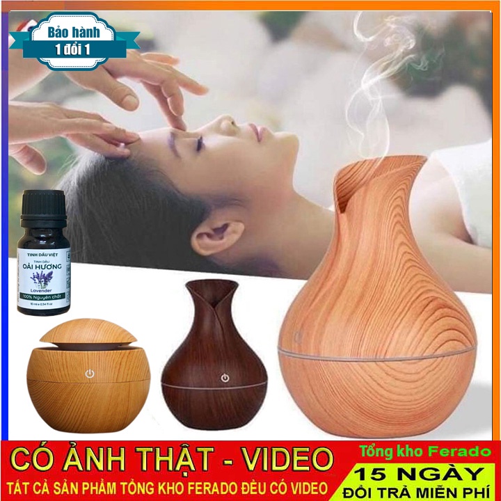 Máy xông tinh dầu vân gỗ hình lọ hoa, Máy khuyếch tán tinh dầu, Đèn xông hơi tỏa hương, tạo đổ ẩm hiệu quả