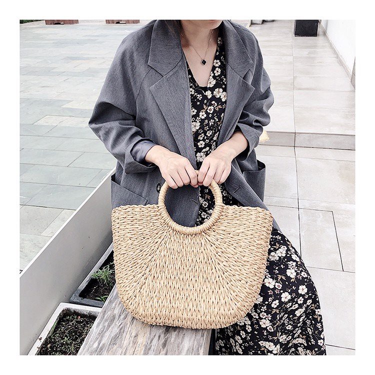 [NowShip - Giao Ngay] Túi Cói Boho Vintage Đeo Vai, Đeo Chéo Hình Tròn Dây Da Màu Nâu Be Trơn