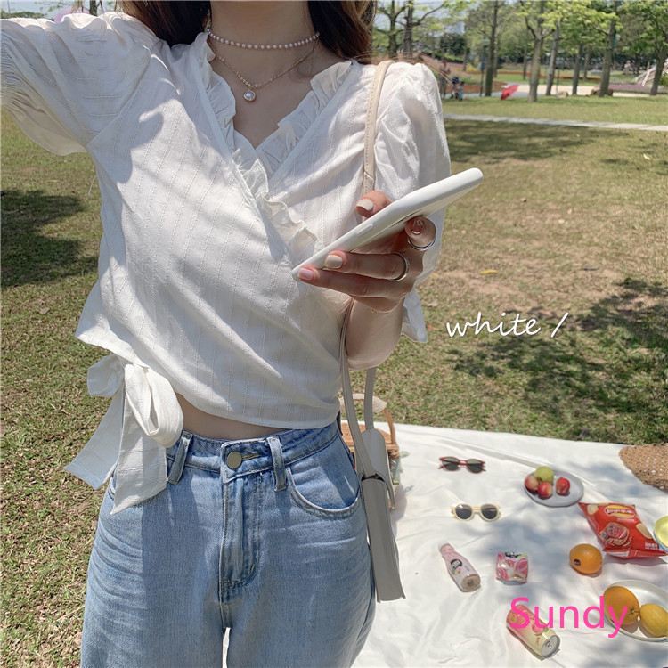 Áo Ngắn Tay Cổ Chữ V Phối Ren Xinh Xắn Dành Cho Nữ