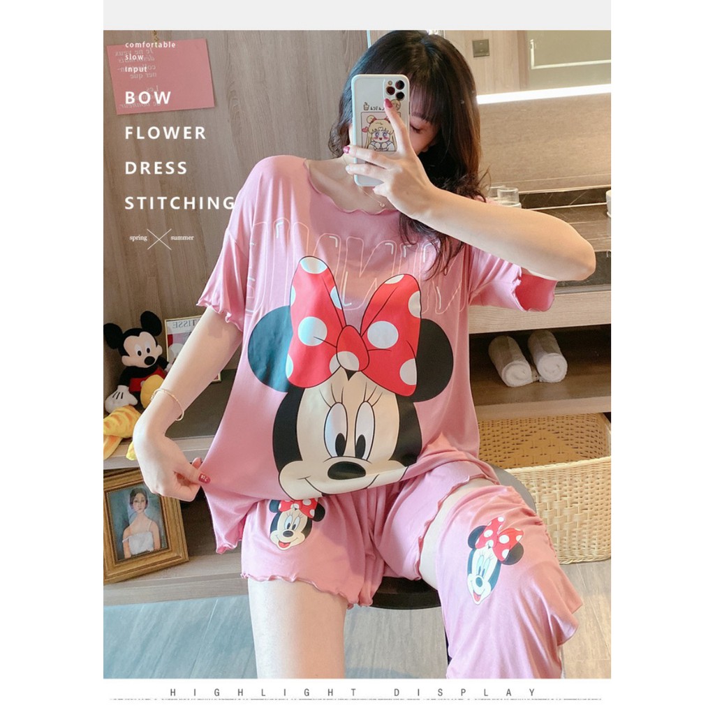 Đồ bộ nữ hình chuột mickey quần ống rộng chất thun cotton hàng Quảng Châu cao cấp