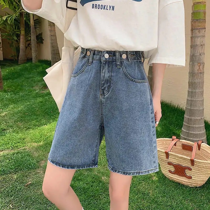Quần Đùi Jeans Nữ Ống Rộng Màu Xanh, Quần Short Bò Lửng Cạp Cao Chun Có Cúc Điều Chỉnh Hàng Quảng Châu Loại 1 Năng Động