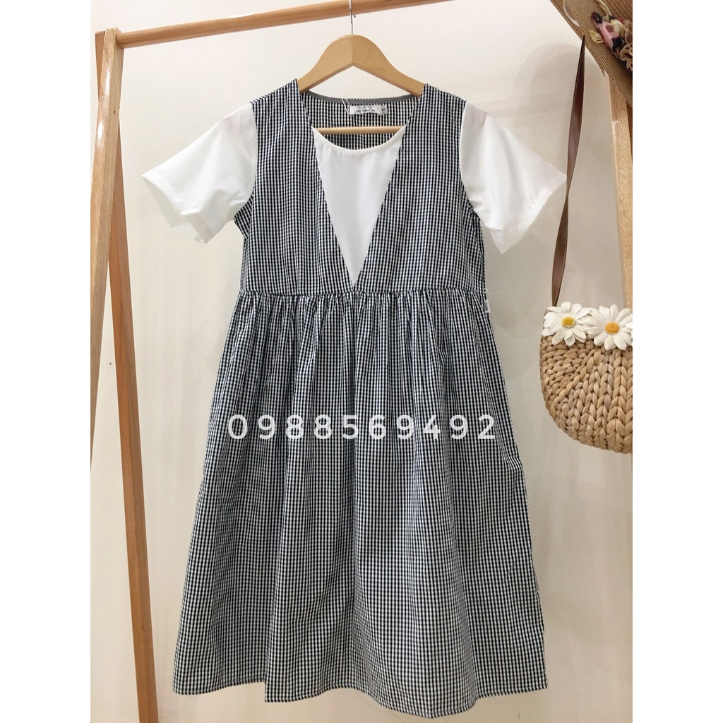 Váy Bầu ,Đầm Bầu Kẻ Caro Giả Yếm Cộc Tay MYC1114