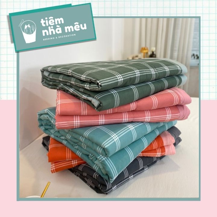 Bộ Chăn Ga Gối Cotton Đũi✨m6/m8/2m- Tiệm Nhà Mêu✨ Set 4 Món Chăn Chần Bông Cotton Đũi Công Nghê Xuất Nhật Muji