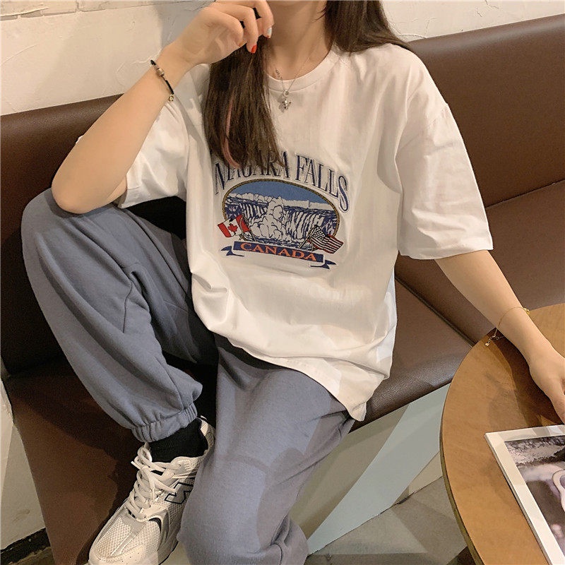 Áo Thun Tay Ngắn Cổ Tròn Dáng Rộng In Hình Cá Tính Phong Cách Retro Hàn Quốc