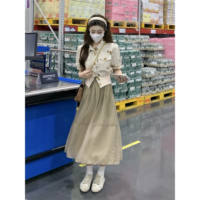 Xiaozhainv Bộ Áo Sơ Mi Tay Ngắn + Chân Váy Dài Vải Voan In Hoa Kiểu retro Pháp Xinh Xắn Cho Nữ