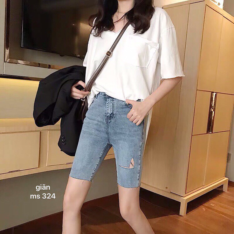 QUẦN SHORT LỬNG JEAN – BÒ NGÓ ĐÙI KIỂU NỮ LƯNG CAO TRẮNG TRƠN BASIC RÁCH BỤI CO GIÃN ÔM BODY 48