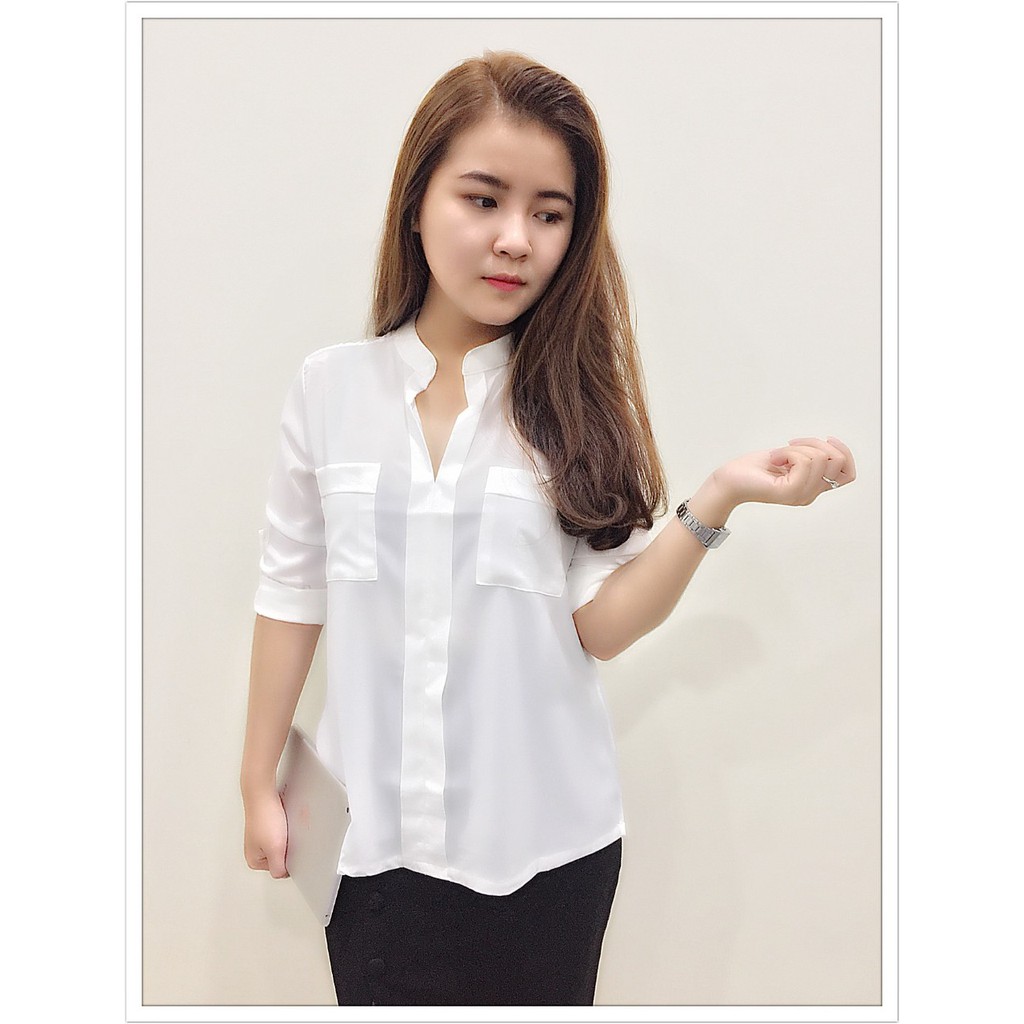 Siêu đẹp. Áo Sơ Mi Nữ Công Sở Kiểu Cổ Trụ Vai phối ren | BigBuy360 - bigbuy360.vn