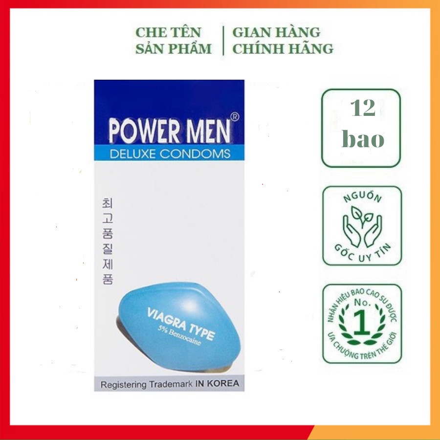 Bao cao su Power Men Viagra Type, bao cao su siêu mỏng nhiều gel trơn kéo dài thời gian yêu, hộp 12 bcs