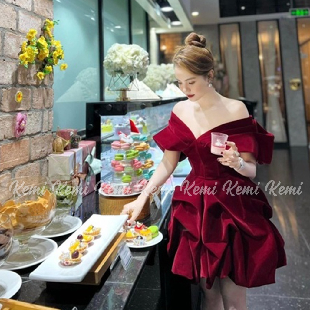 Váy nhung đỏ trễ vai đầm bồng cúp ngực ôm dáng tiểu thư Kemi