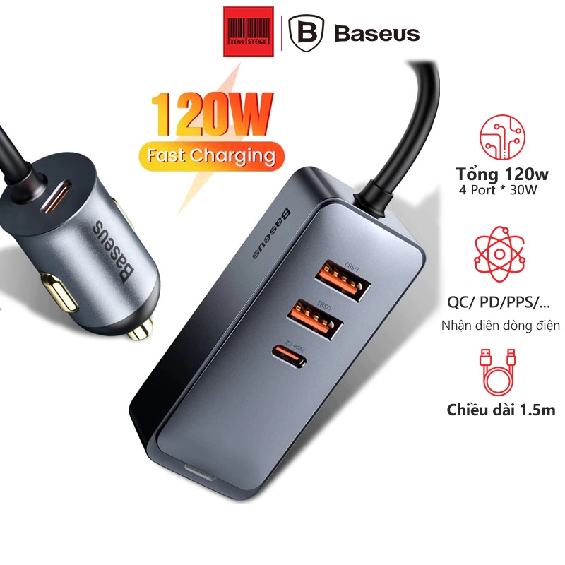 Tẩu Sạc Nhanh 120w tích hợp 4 Cổng Mở Rộng Baseus Share Together Extention Car Charger 120W (4 Port * 30W, QC/ PD/PPS)