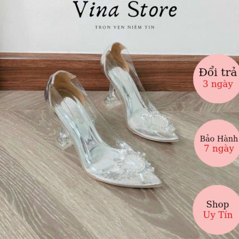 Giày Cao Gót Nữ 5P / 9P Mũi Nhọn Quai Trong Đính Đá Hoa Mặt Trời Gót Trụ Trong Suốt hot 2021- VINA STORE - MÃ VN17