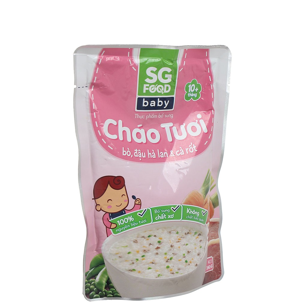 [CHÍNH HÃNG] Cháo Tươi SG Food Baby Bò, Đậu Hà Lan &amp; Cà Rốt bổ dưỡng cho bé ăn dặm Gói 240g (Tươi ngon như mẹ nấu)