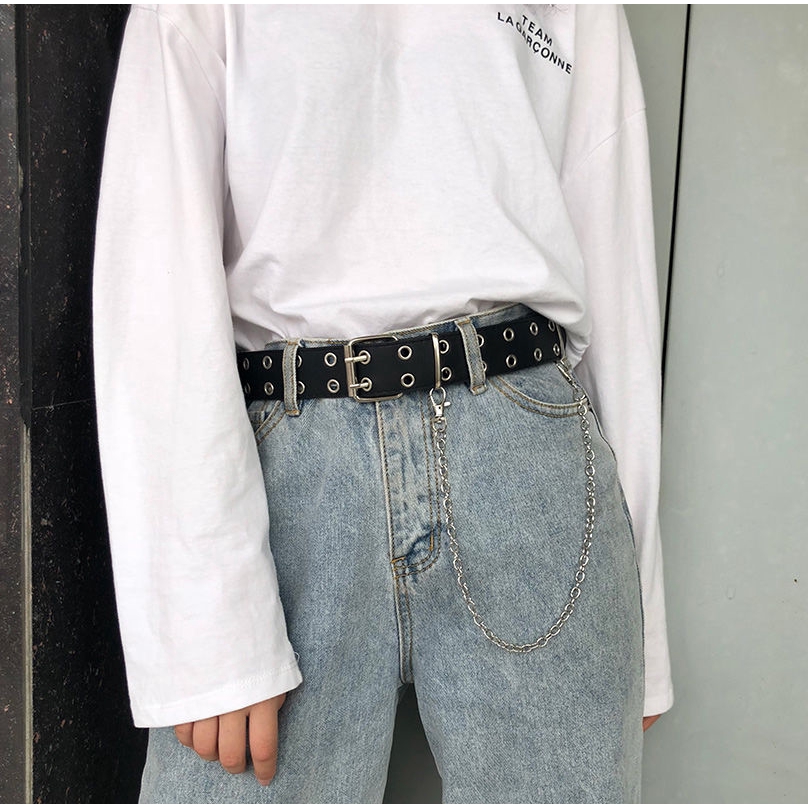 Thắt lưng hai hàng lỗ phối dây xích phong cách punk cá tính