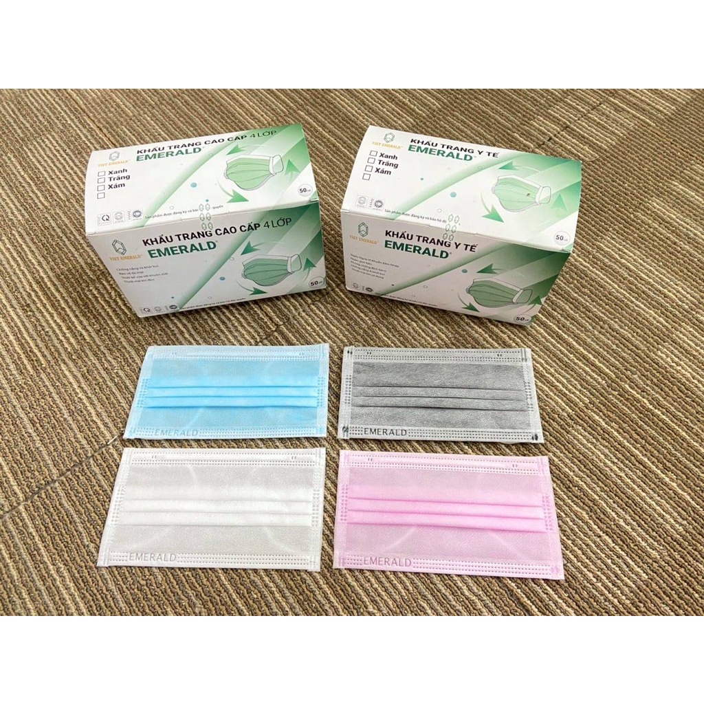 [Combo 50 Cái] Khẩu trang y tế Viet Emerald 4 lớp kháng khuẩn cao cấp màu Xanh/Trắng, khẩu trang chính hãng cao cấp