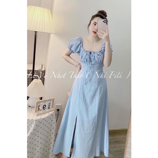 Váy đầm nữ  dáng maxi đũi xước xanh dương xẻ tà chun lưng đi biển freesize nhún ngực iêu dễ thương